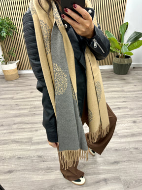 Cashmere Blend Tree Of Life Reversible Fringe Scarf - Grey/Camel