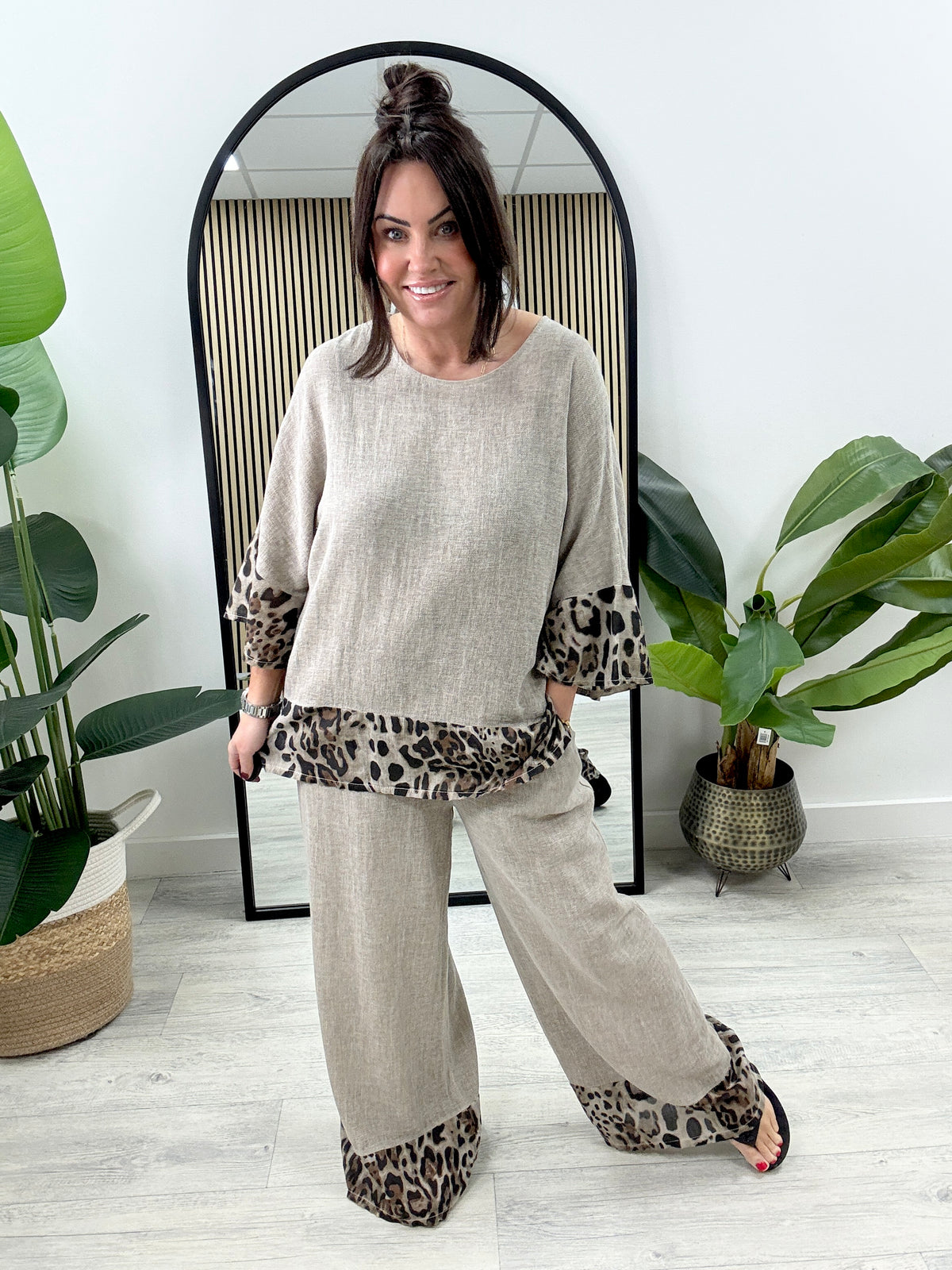 Sahara Animal Wide Leg Linen Mix Trousers - Mocha