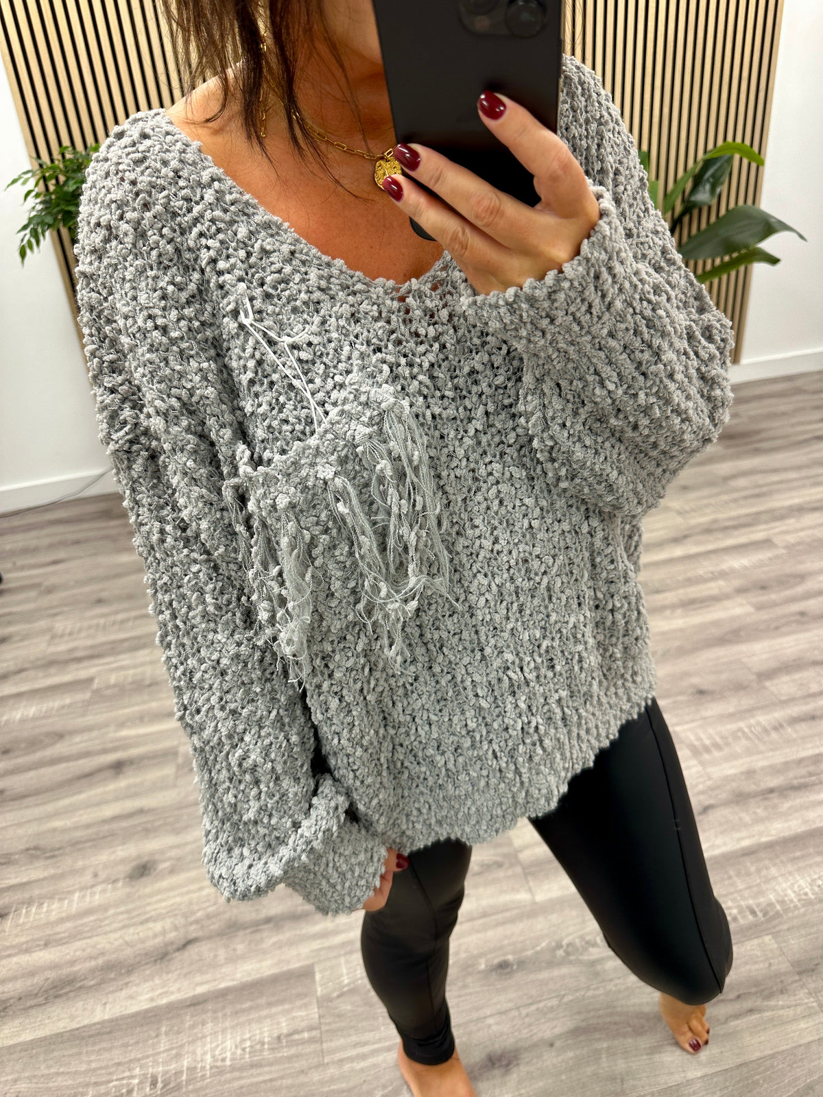 The Harlow Fringed Chest Pocket Knit - Grey