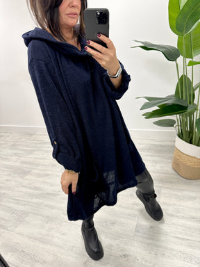 The Slouchy Hooded Button Sleeve Tunic - Navy