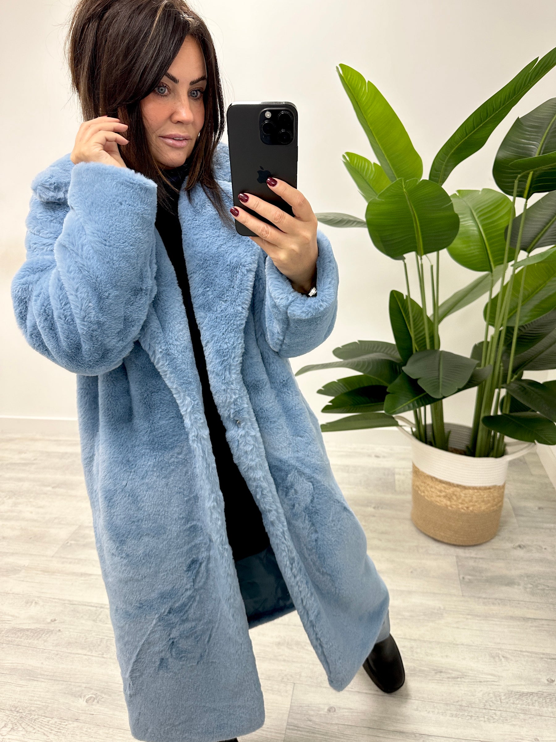 The Safron Longline Faux Fur Coat (Fitting to a 16) - Denim Blue