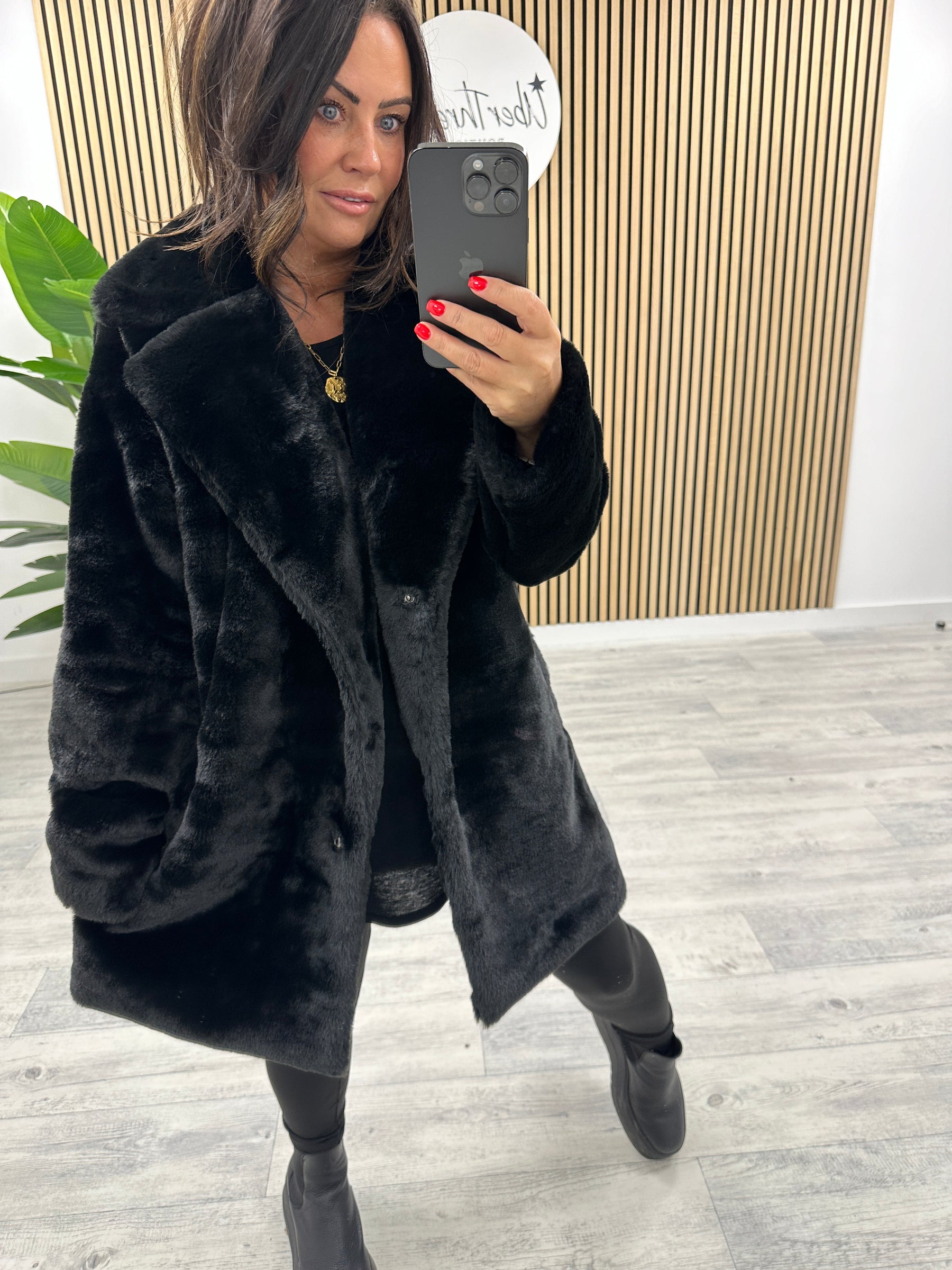 Black fuzzy coat best sale