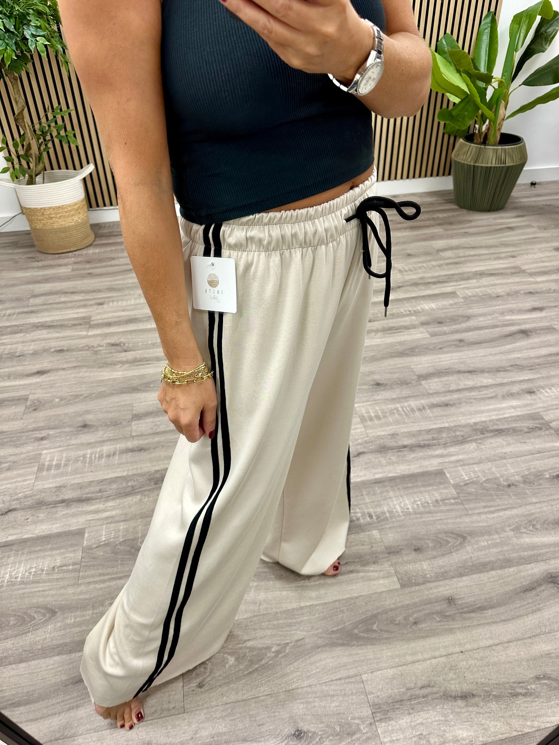 Wide Leg Stripe Jogger - Stone/Black