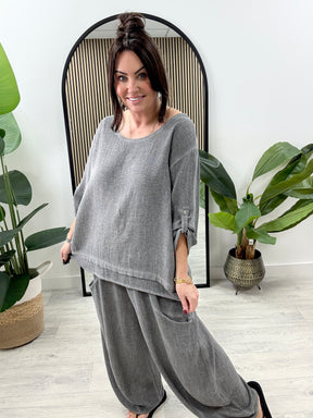 Sahara Button Sleeve Linen Mix Tunic - Charcoal