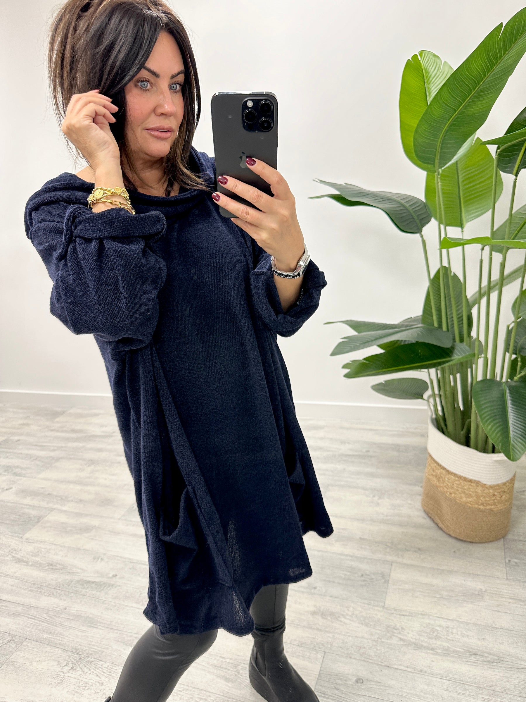 The Slouchy Hooded Button Sleeve Tunic - Navy