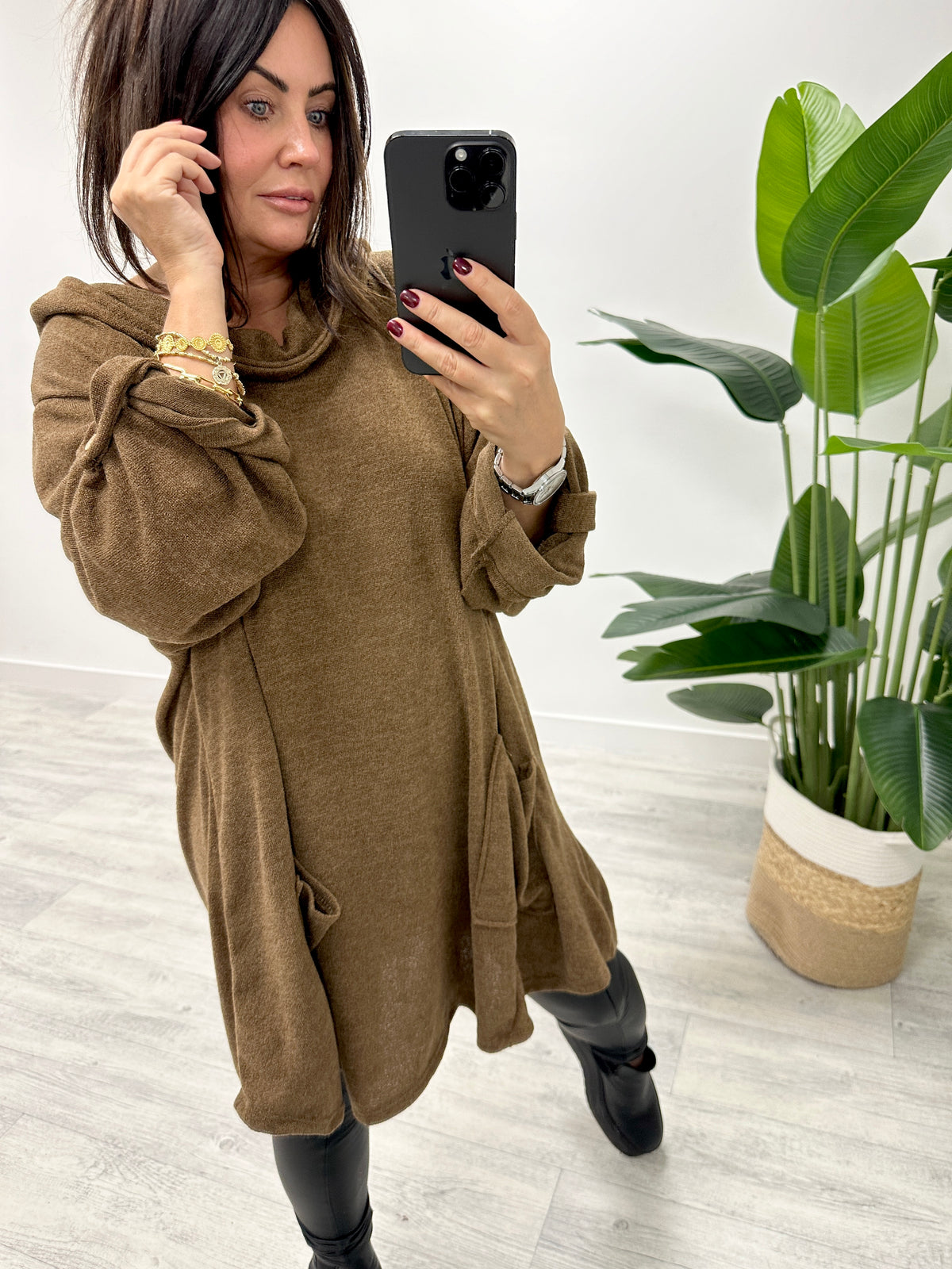 The Slouchy Hooded Button Sleeve Tunic - Chocolate