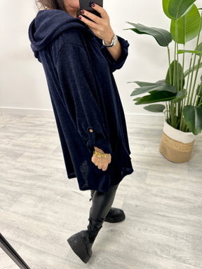 The Slouchy Hooded Button Sleeve Tunic - Navy