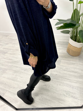 The Slouchy Hooded Button Sleeve Tunic - Navy