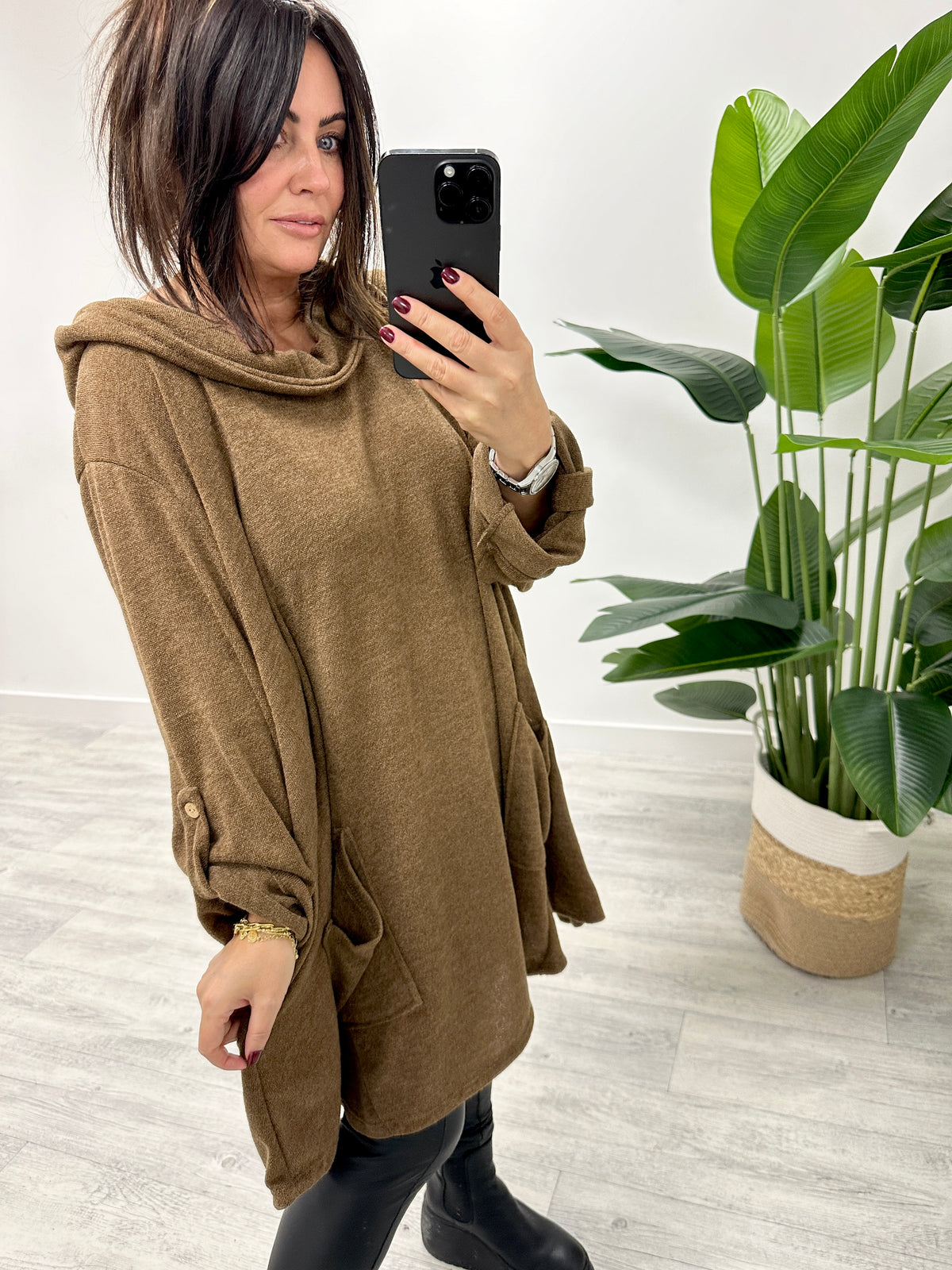 The Slouchy Hooded Button Sleeve Tunic - Chocolate