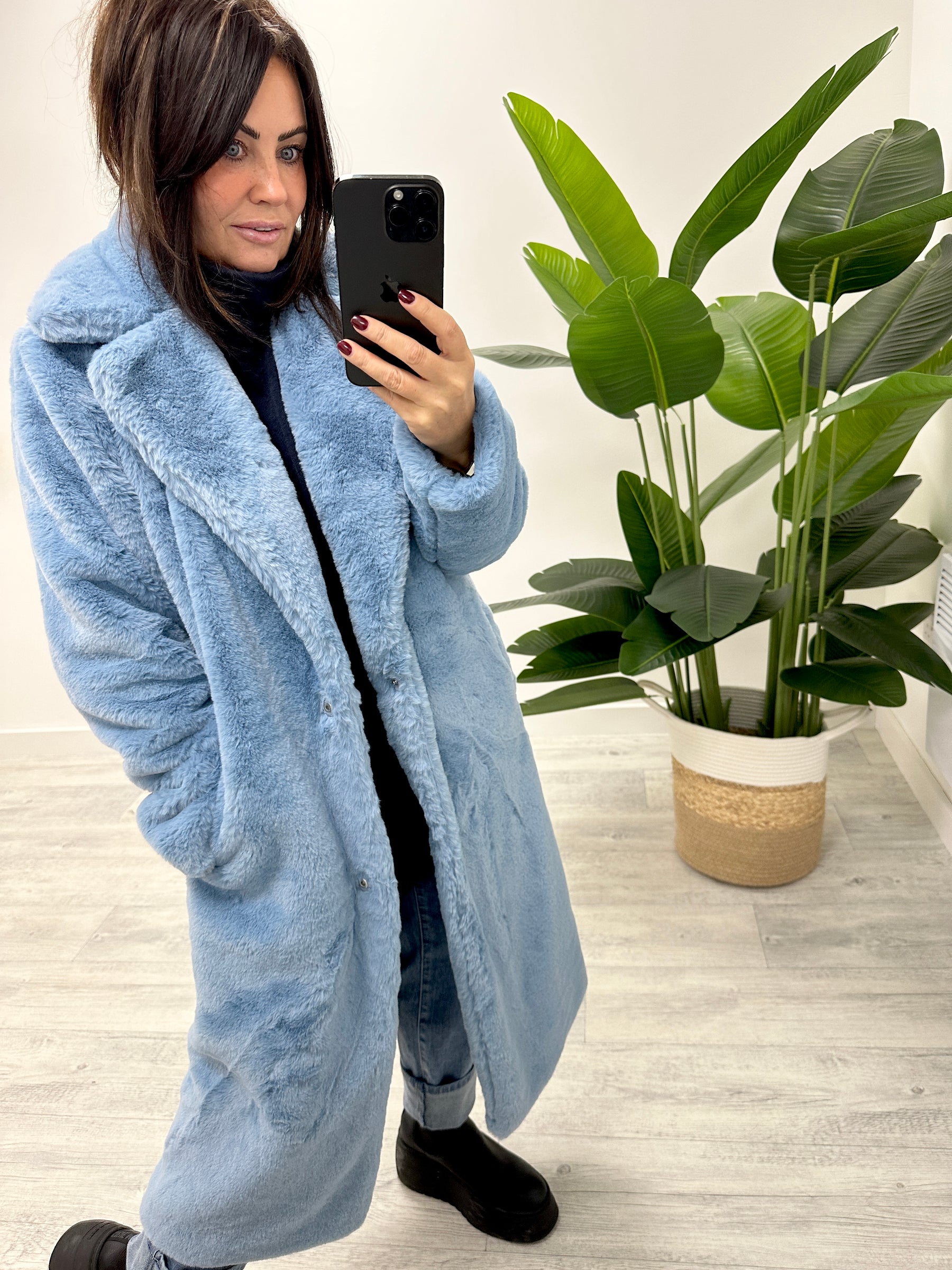 The Safron Longline Faux Fur Coat (Fitting to a 16) - Denim Blue