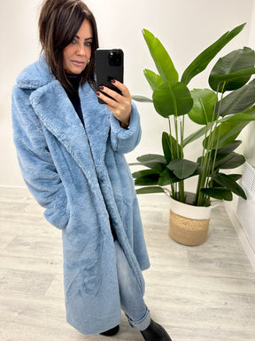 The Safron Longline Faux Fur Coat (Fitting to a 16) - Denim Blue