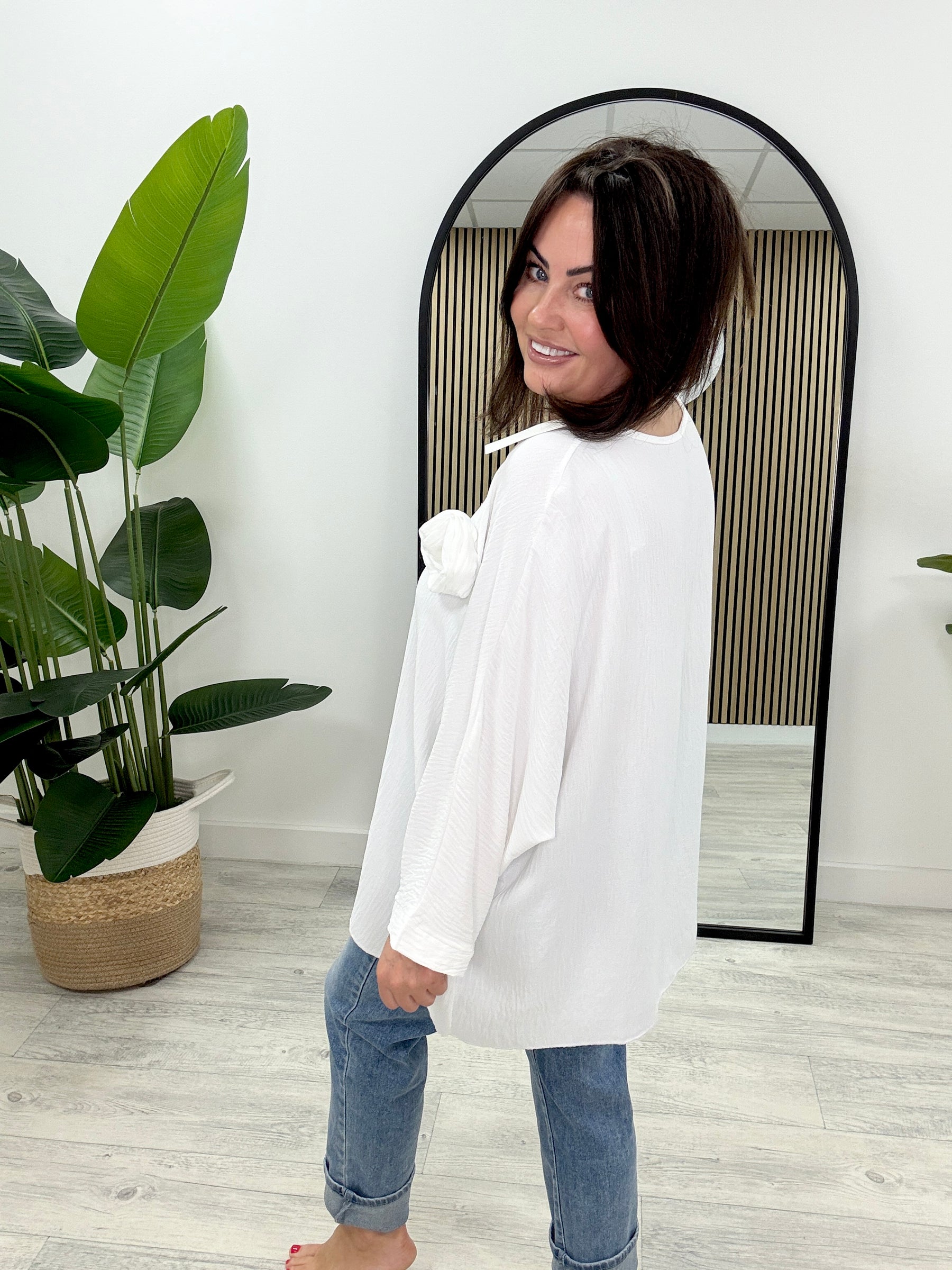 Rosette V Neck Tunic - White