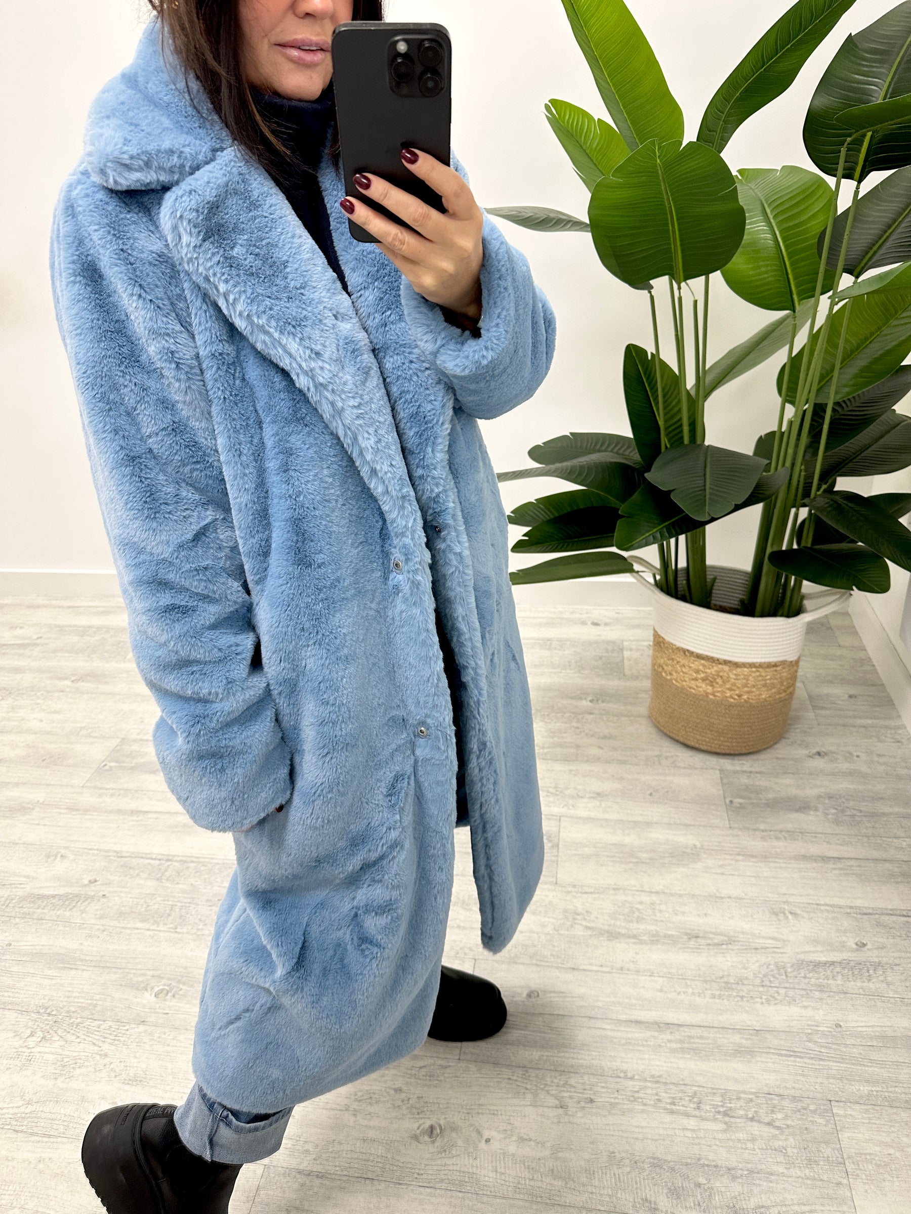 The Safron Longline Faux Fur Coat (Fitting to a 16) - Denim Blue