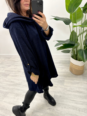 The Slouchy Hooded Button Sleeve Tunic - Navy